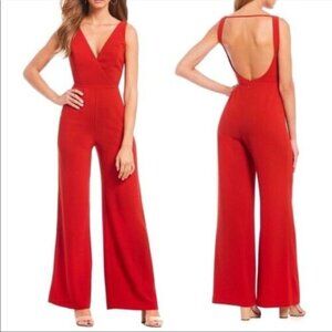 WAYF Curtis Red V-Neck Sleeveless Crepe Surplice Wide Leg Jumpsuit Small